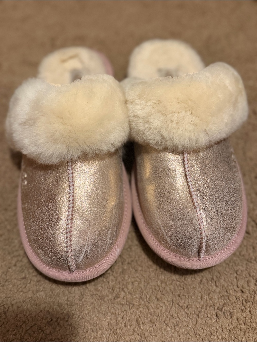 UGG Metallic Pink Kids Shearling-Lined Slippers